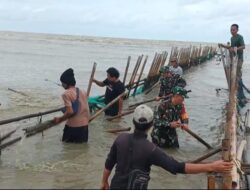 TNI Bersama Masyarakat Nelayan Bahu Membahu Mencabut Dan Membersihkan Pagar Bambu Yang Tidak Berijin.